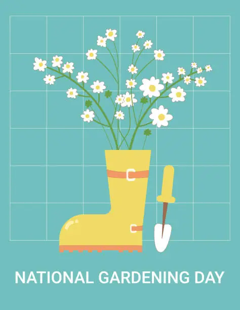 Vector illustration of National gardening day background banner. with text card poster. Rubber boot with flowers bouquet. Template for holiday design. Vector illustration