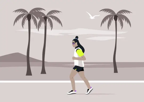 Vector illustration of Seaside Jog Along the Palm-Lined Promenade, A lone jogger takes to the serene path beside towering palms
