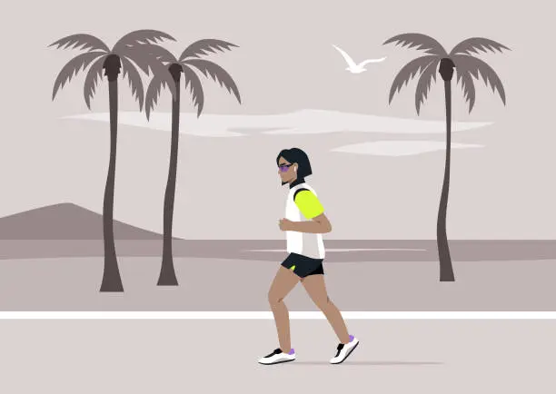 Vector illustration of Seaside Jog Along the Palm-Lined Promenade, A lone jogger takes to the serene path beside towering palms