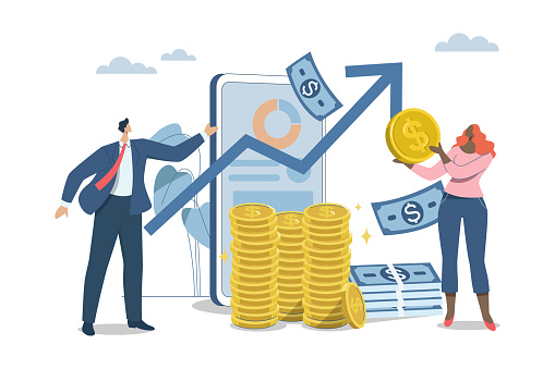 Growth of financial investment or business profits, Wealth of stock market returns, Successful business men and women mobile financial management, applications. Vector design illustration.