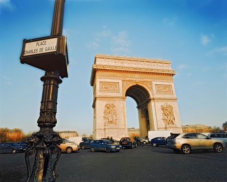 Traffic around the Arc de Triomphe, on the Champs Élysées, Paris, France