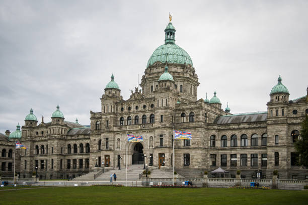 VICTORIA, B.C., CANADA - MAR. 8, 2024: Exterior photo of the British Columbia Canada parliament building where the legislative assembly meets.