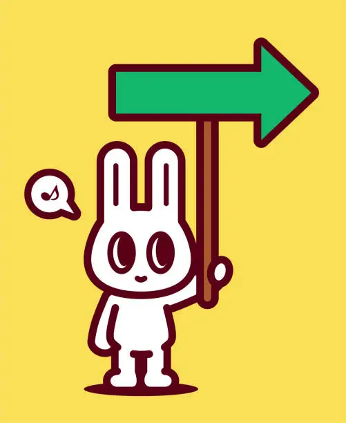 Vector illustration of A cute bunny holds a right arrow sign