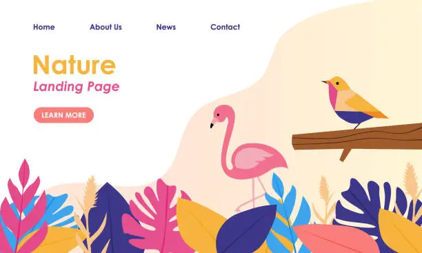 Vector illustration of Web page design template with illustration of colorful tropical nature, leaves, bird, flamingo. Vector illustration.