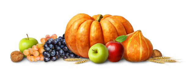 istock Autumn arrangement with pumpkins, grapes, apples and nuts on white 2113447966