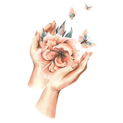 Beautiful peonies in peach fuzz color with leaves and flying butterflies in female hands. Hand drawn watercolor illustration. The composition is isolated from the background