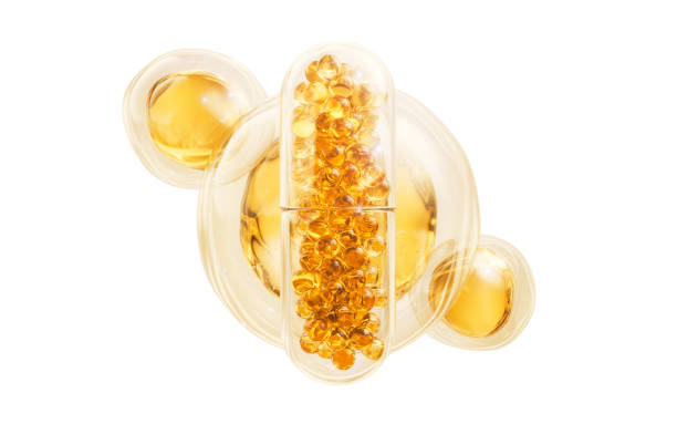 Golden capsule with biological concept, 3d rendering. 3D illustration.