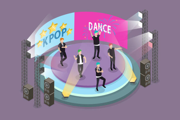 3D Isometric Flat Vector Conceptual Illustration of Kpop Perfomance 3D Isometric Flat Vector Conceptual Illustration of Kpop Perfomance, Dancing and Singing on Stage korea singer stock illustrations