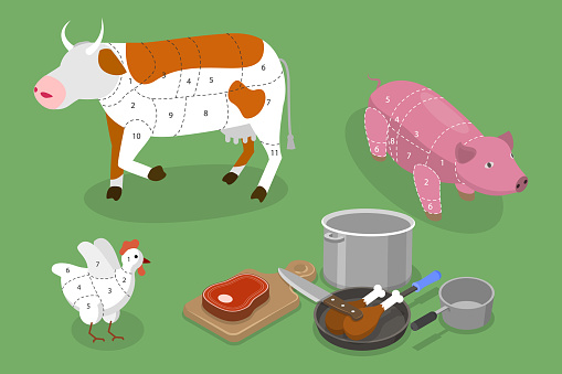 3D Isometric Flat Vector Conceptual Illustration of Beef, Pork And Chicken Cut Schemes, Diagrams for Butcher Shop