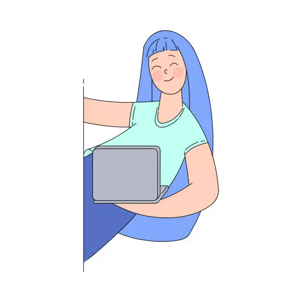 Vector illustration of Smiling Woman Character Looking Out of Corner with Laptop Vector Illustration