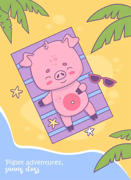 Vector illustration of Happy pig beachgoer sunbathing on beach under palm leaves. Cute tropical animal character. Vector illustration. Summer beach vertical card with funny slogan