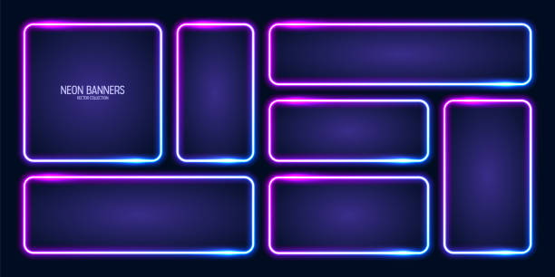 glowing neon banners, illuminated colorful square frames. shiny vibrant border, glow effect. blue vintage retro lights, night illumination. modern futuristic ui design elements. vector illustration - neon stock-grafiken, -clipart, -cartoons und -symbole