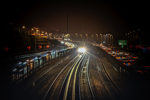 Subway rail transit road traffic at night