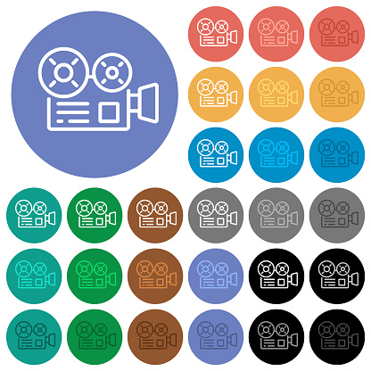 Movie camera outline multi colored flat icons on round backgrounds. Included white, light and dark icon variations for hover and active status effects, and bonus shades.