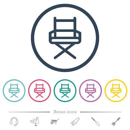Director chair outline flat color icons in round outlines. 6 bonus icons included.
