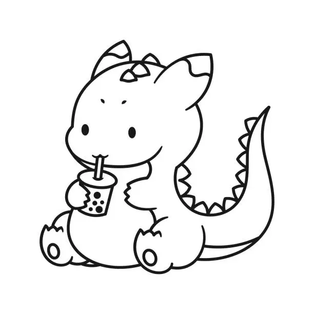 Vector illustration of Clip art, cartoon illustration, coloring book with dragon and bubble tea