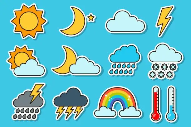 Vector illustration of Weather stickers set. Flat illustration of thundercloud, clouds and snow, sun and moon