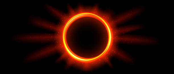 istock Red orange glowing portal concept. Neon hologram teleport gate on black background. Circle digital aura with beams and sparkles. Round hot flare template for game, ui, interface. Vector illustration 2113607600