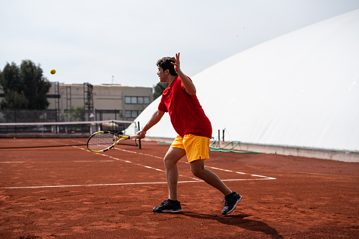 men tennis player is shooting backhand on clay court focus on foreground vertical tennis still