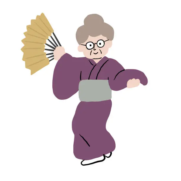 Vector illustration of An old woman wearing a kimono and dancing Japanese dance with a fan 1