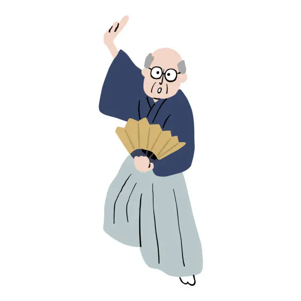 Vector illustration of An old man wearing a kimono and dancing Japanese dance with a fan 2