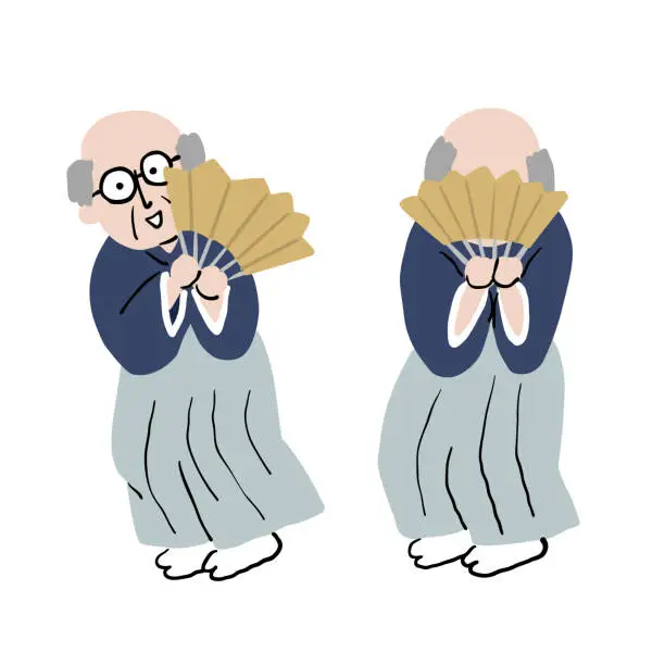 Vector illustration of An old man wearing a kimono and dancing Japanese dance with a fan 3