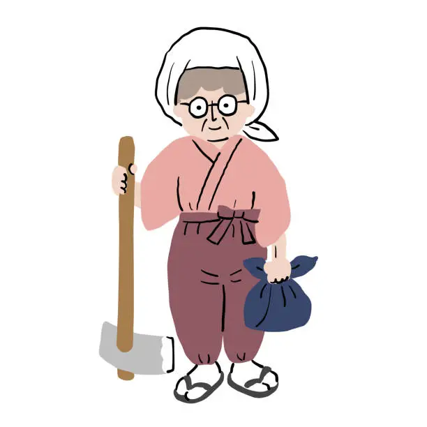 Vector illustration of An old woman wearing work pants and going to work in the field