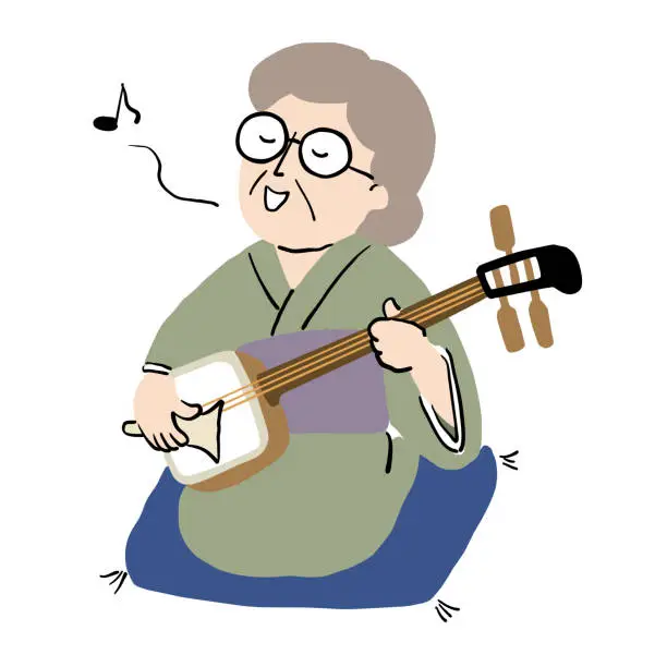 Vector illustration of An old woman wearing a kimono and singing while playing the shamisen