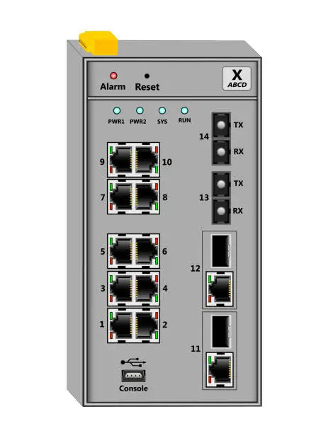 Vector illustration of 3d Vector illustration of an industrial Ethernet switch, router for mounting on a DIN rail. Contains 10 Ethernet RJ-45 ports, 2 SC ports, 2 combo SFP+RJ-45 ports, one USB  port.