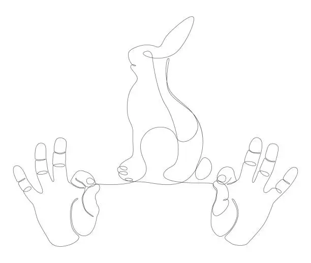 Vector illustration of One continuous line of hand with Easter Bunny. Thin Line Illustration vector concept. Contour Drawing Creative ideas.