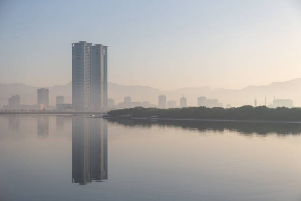 Foggy morning on Corniche in Ras Al Khaimah, UAE. High quality photo.