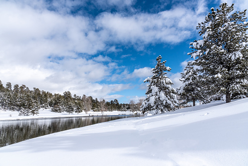 People don't normally think of Arizona as a place that gets much snow in the winter.  This scene of snow around the lake was photographed in Northern Arizona at the town of Flagstaff.  At 7000 feet elevation, snow falls often here in the winter, sometimes accumulating one to two feet at a time.