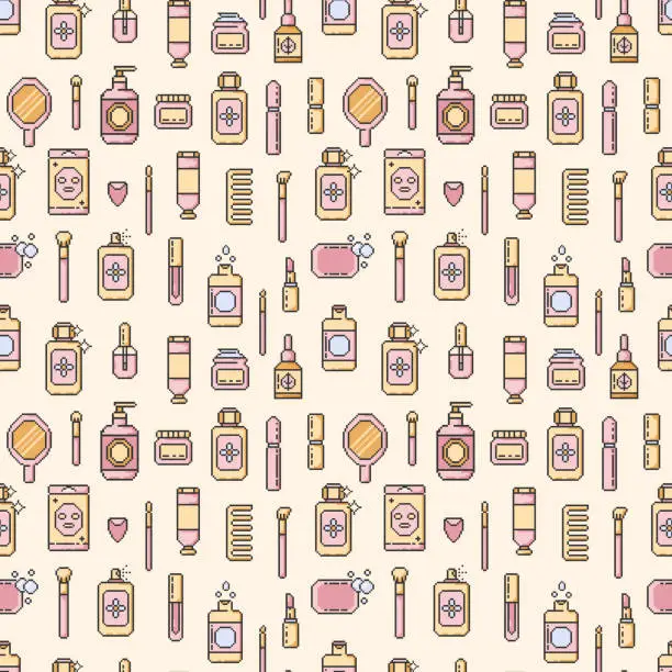 Vector illustration of Seamless pattern makeup beauty cosmetic element,mascara,cream bottle,nail product,brush and ect.Pixel art style.Make-up element illustration for wallpaper,background,textile.Vector illustration EPS 10