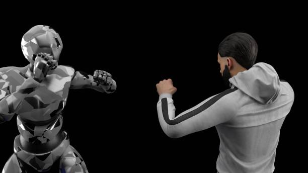 istock the battle of a man and a robot with artificial intelligence, a fight with boxing punches, fantasy, 3d render, black isolated background 2113744401