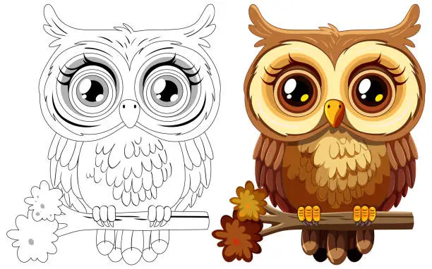 Vector illustration of Vector illustration of an owl, colored and line art.