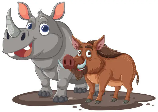 Vector illustration of Cartoon rhinoceros and wild boar standing together