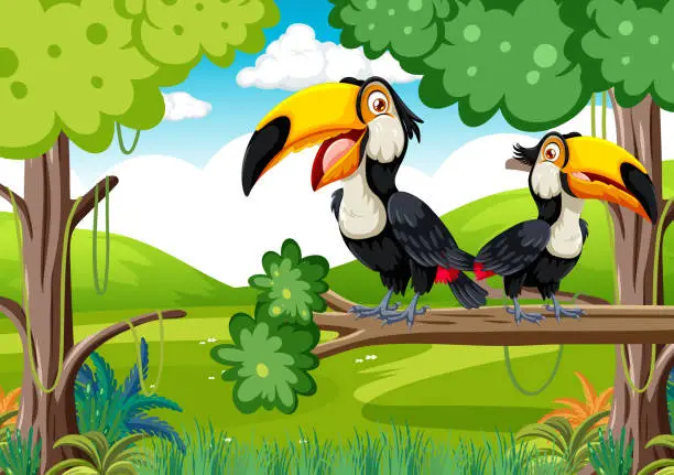 Vector illustration of Two colorful toucans perched on a branch