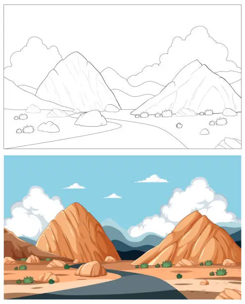 Vector illustration of Vector illustration of a mountain scene, colored and line art.