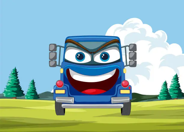 Vector illustration of Cheerful animated car enjoying a beautiful day outdoors