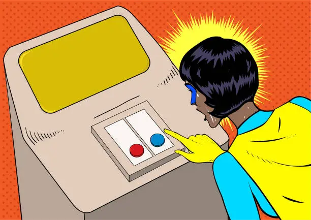 Vector illustration of Vector Pop Art Sweating African American Female Superhero Choosing Button Meme Stock Illustration