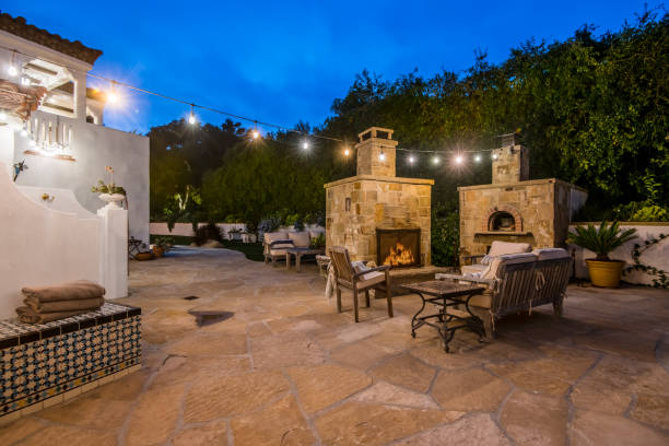 istock a patio has a fire place with a fireplace on it 2113856469