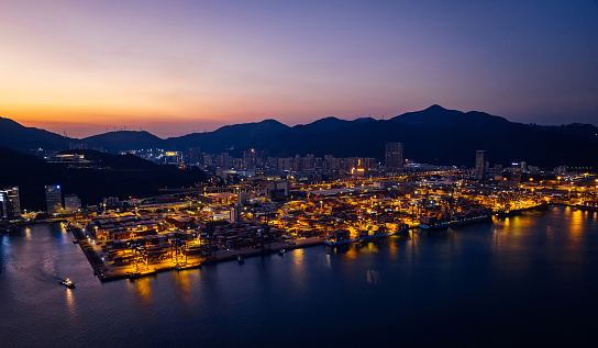 Aerial view of container terminal at night