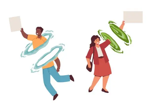 Vector illustration of Young people using portals or teleports to deliver letters