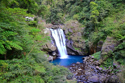 Water falls in the Neidong Forest Recreation Area situated at the upstream of Nanshih Creek, Wulai District, New Taipei City, Taiwan