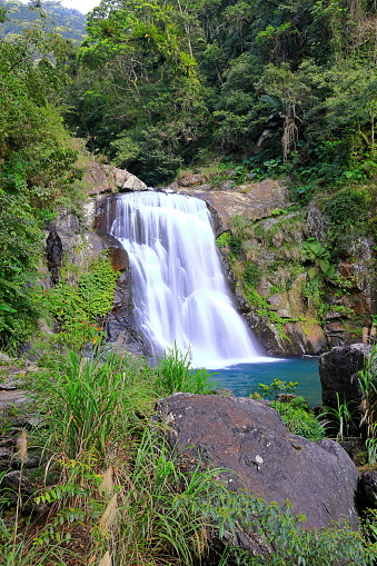 Water falls in the Neidong Forest Recreation Area situated at the upstream of Nanshih Creek, Wulai District, New Taipei City, Taiwan