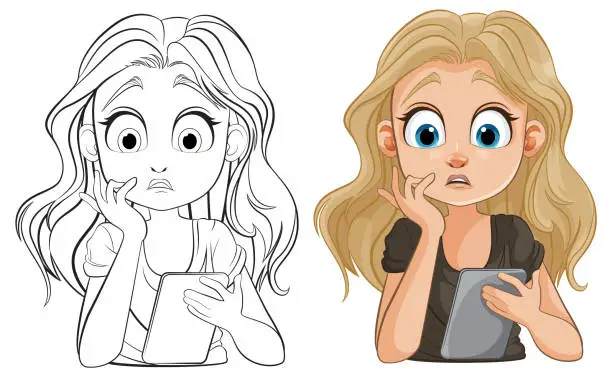 Vector illustration of Vector illustration of a girl shocked while holding a tablet