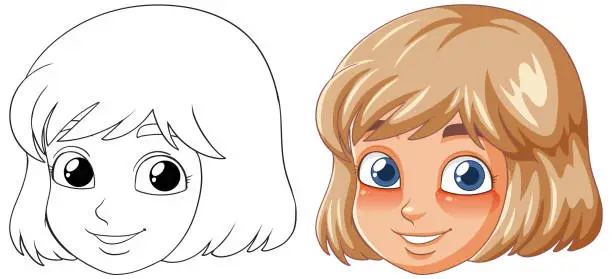 Vector illustration of Transformation of a line drawing to a colored character