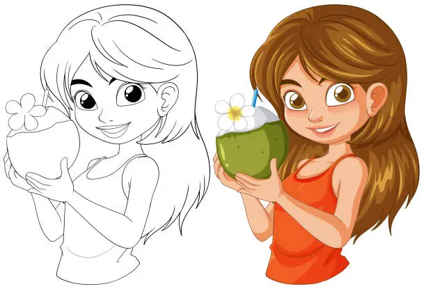 Vector illustration of Vector illustration of girl with coconut, colored and line art.