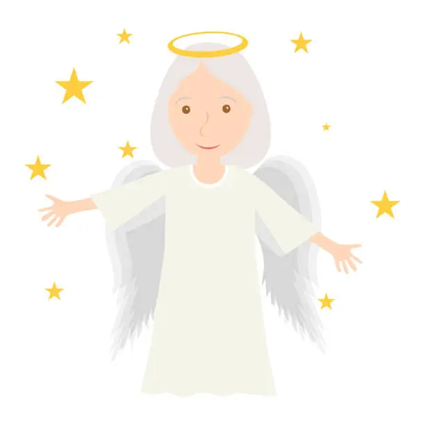 Vector illustration of Angel, baby angel with wings and a halo above his head isolated on a white background. Vector, design illustration. Vector.