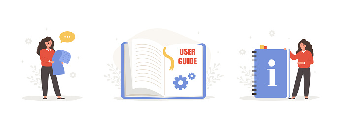User manual concept. Female characters with guide instructions. Women reading user agreement, terms and conditions. FAQ or customer support. Set of vector illustrations in flat cartoon style.